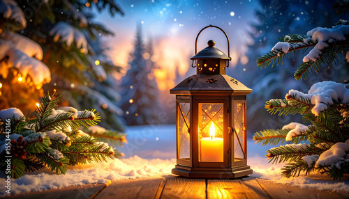Old metal Christmas lantern glowing in the winter snow