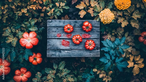 Splintered wooden market cart resting quietly with red tomato smears drying across its surface, natural ambient lighting