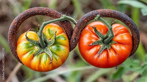 Sticky tomato residue and fibers tangled deeply into the spirals of a bent metal fence, vibrant colors contrasting with rust