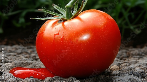 Side angle of retro footwear sole squashing ripe tomato on uneven ground, red pulp and juice seeping into textured surface