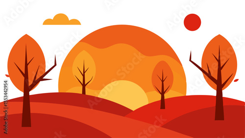 A ground covered in orange and red leaves, with barren trees under a warm sunset sky on white background