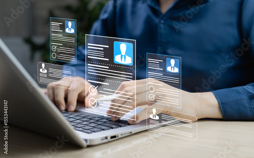 Human Resources Management and Employee Development Concept, Recruitment, Engagement, Workplace Evaluation, and Online Survey Form on Digital Employee Profile Interface.