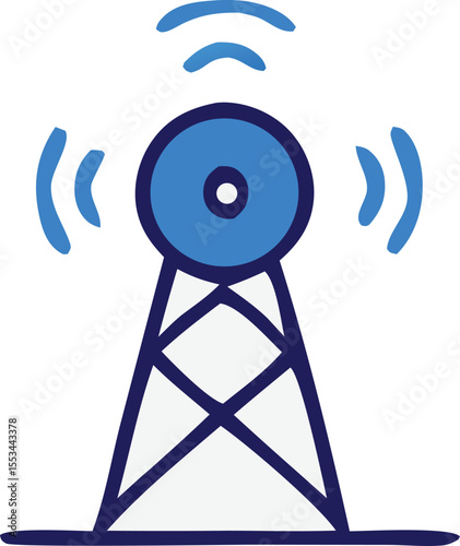 Stylized blue communication tower broadcasting signals with radiating waves against a clean white background representing wireless technology and connectivity