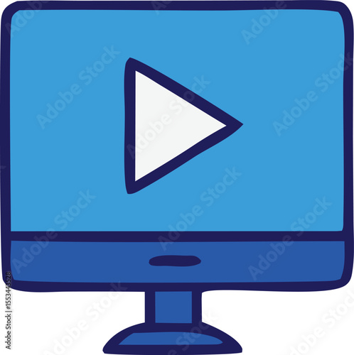 A simple blue computer monitor displays a white play button icon with a dark blue outline ready for media playback