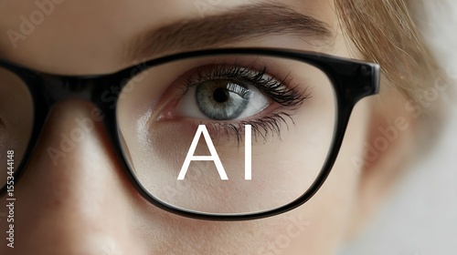 Smart glasses and augmented reality concept. Woman wearing modern spectacles with AI screen. Virtual technology. Close up of eye surrounded by business statistics and analytics. Future vision.