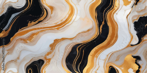 Abstract marbling pattern with black gold and white swirls isolated on white background