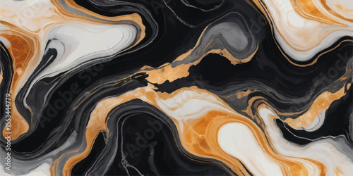 Abstract marbling effect with black gold and white swirls isolated on white background