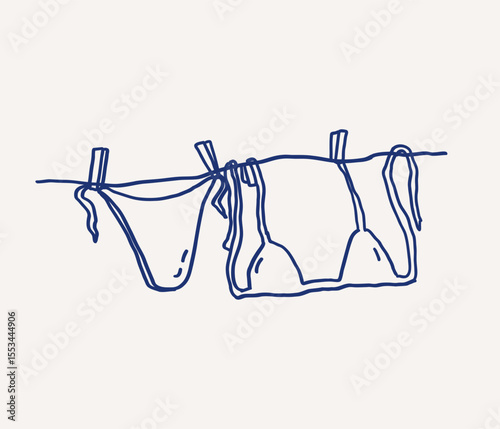 Two pieces of swimwear, bikini and bra, hang from a clothesline whimsical hand drawn line art. Summer vibes and relaxation. Vector outline illustration