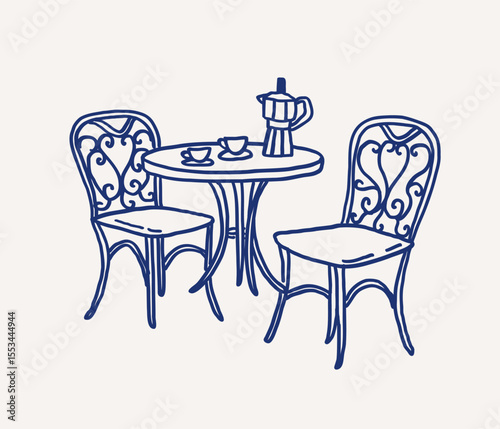 Whimsical hand drawn line art two stylish chairs flank a round table, elegantly set for coffee. A coffee pot sits centrally, preparing for cozy gathering at charming cafe. Vector outline illustration