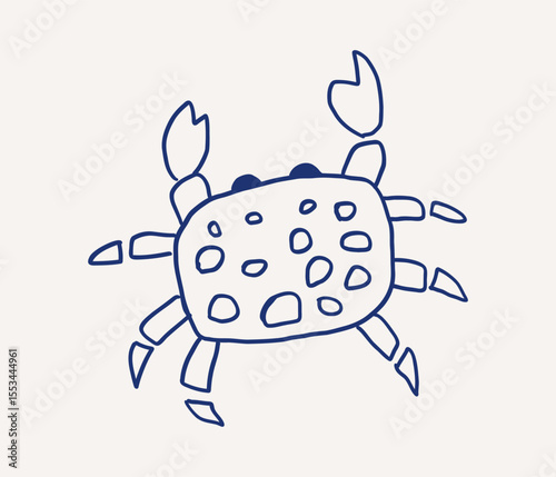 Whimsical hand drawn line art of crab featuring distinct spots and claws, playful design. The crab appears poised, reflecting a lighthearted sea theme. Vector outline illustration