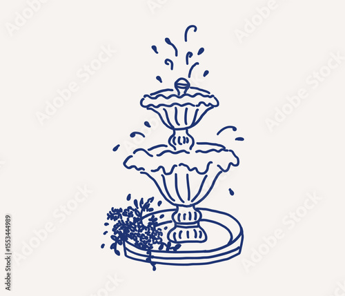 Charming two-tiered fountain whimsical hand drawn line art with gentle water splashes, surrounded by a cluster of flowers for wedding invitation card template. Vector outline illustration