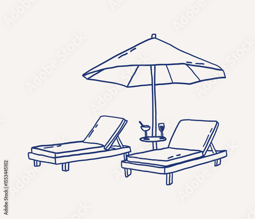 Whimsical hand drawn line art two lounge chairs under  large sun umbrella. Beach or poolside. Vector outline illustration