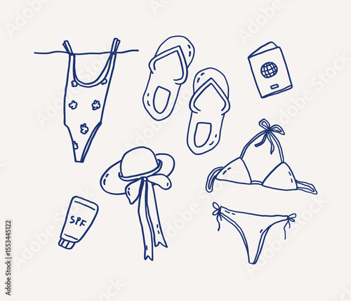 Whimsical hand drawn line art collection of summer essentials featuring bikinis, sandals, passport and sunscreen. Fun beach vacation under the sun. Vector outline illustration