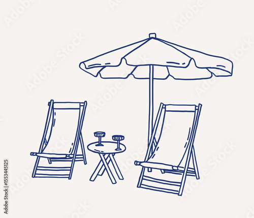 Two lounge chairs sit beside small table under a large umbrella whimsical hand drawn line art. Perfect space for beach relaxation. Vector outline illustration
