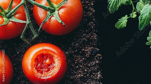 Macro view of gritty environment showing boot sole imprint squashing ripe tomato, bright red pulp contrasting with earthy ground