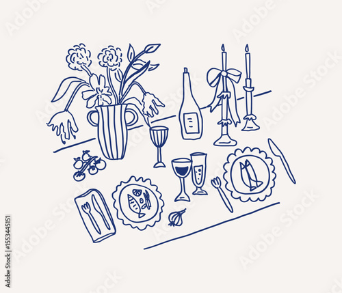 Whimsical hand drawn line art dinner table settings with vase with flowers, candles, wine, and plates. Wedding celebration. Vector outline illustration