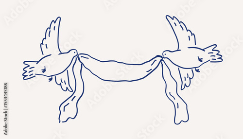 Whimsical hand drawn line art two pigeons holding a long banner with their beaks. Wedding decor for invitation card template. Vector outline illustration