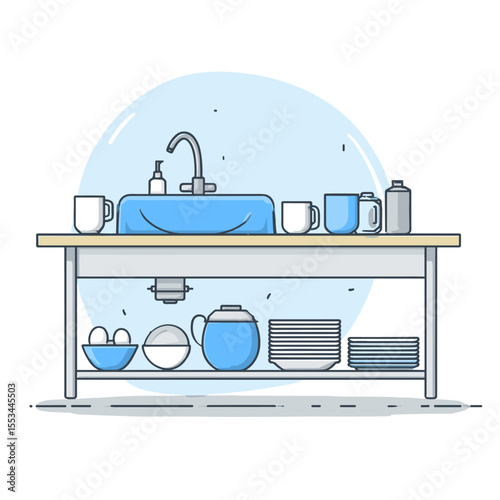 vector drawing of a washbasin with dishes on a white background .Generative AI