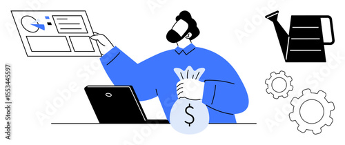 Man holding money bag, analyzing financial data on board near laptop, watering can, and gears. Ideal for finance, investment, strategy, planning, business growth startup simple landing page