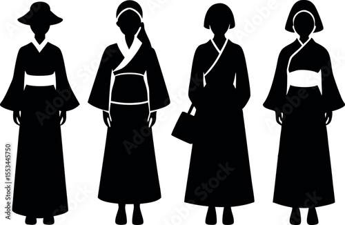 Silhouettes of Women Wearing Traditional Asian Clothing and Headwear in Black and White