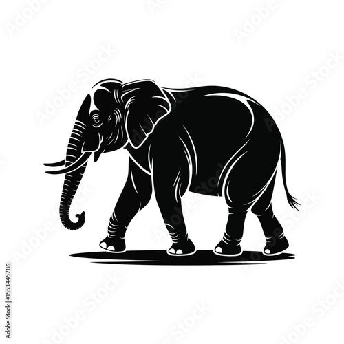 Black elephant silhouette walking to the left with tusks and trunk on white background animal
