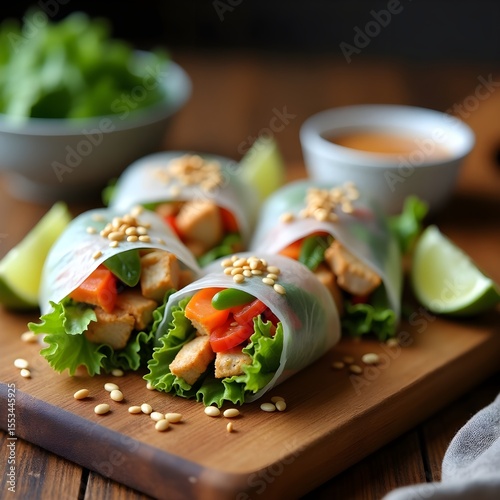 “Close‑up gourmet food roll shot showcasing fresh ricepaper wrap with grilled chicken vegetables herbs sesame lime peanut sauce dip on rustic wooden board in natural light shallow depth food roll”