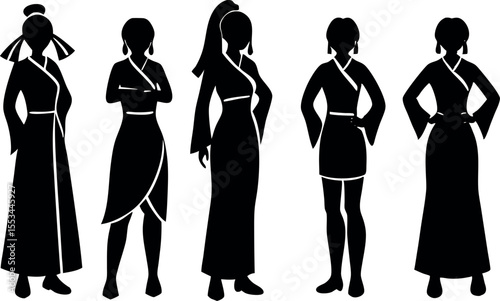 Silhouette Illustration of Five Women in Traditional East Asian Style Robes