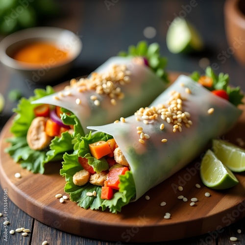 “Close‑up gourmet food roll shot showcasing fresh ricepaper wrap with grilled chicken vegetables herbs sesame lime peanut sauce dip on rustic wooden board in natural light shallow depth food roll”