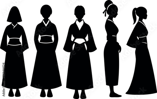Silhouette of five women wearing traditional Japanese kimonos in black on white
