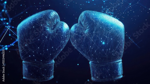 Digital boxing gloves collide against a dark background, illuminated by neon blue