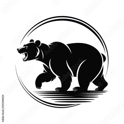 Black Bear Silhouette Roaring in Circular Frame Stylized Wildlife Graphic Design Element grizzly bear