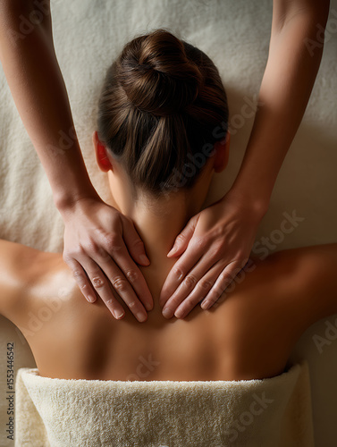 luxurious hotel spa, overhead shot of a person's back receiving a massage