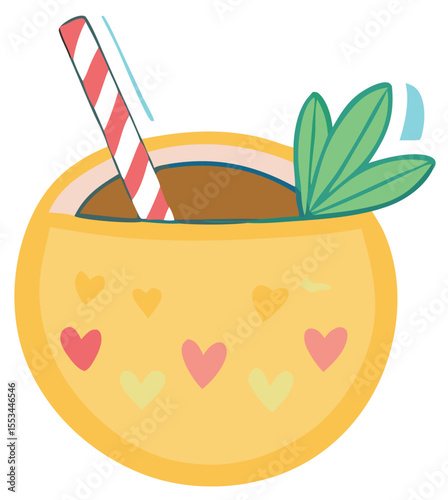 A cheerful yellow cartoon cocktail garnished with green leaves and a red and white striped straw decorated with hearts