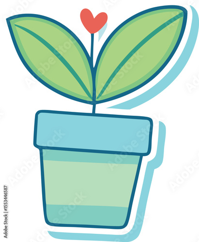 A charming cartoon illustration of a small potted plant with two large green leaves and a tiny red heart at its center