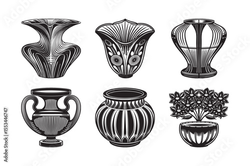 silhouette of antique decorative vase bundle on the white background