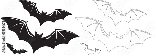 Silhouette and Outline Bat Set – Halloween Flying Bats Vector Illustration
