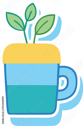 A simple cartoon illustration of a blue mug filled with water and a small green plant growing from the top