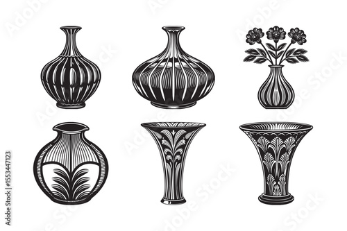 silhouette of antique decorative vase bundle on the white background
