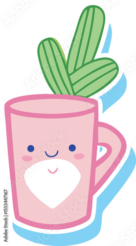 Charming pink mug with a cute smiling face and green cactus sprouts emerging from the top presented with a playful blue shadow