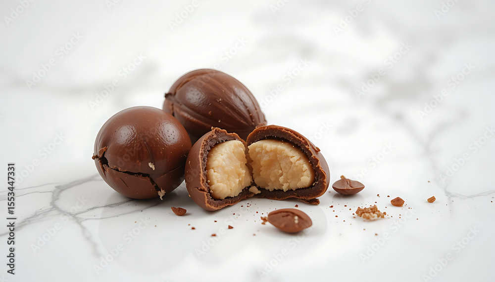 Obraz premium realistic, highly detailed, 8k, chocolate balls, hazelnuts, marble background, shiny, glossy, appetizing, food photography, 4K and HD image