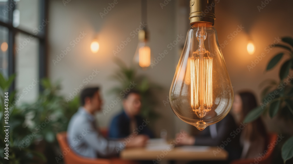 Obraz premium Warm and inviting atmosphere is created by vintage light bulb, illuminating cozy meeting space with people engaged in conversation