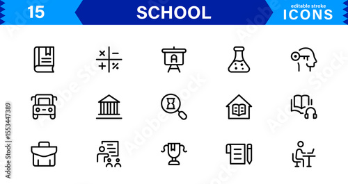School Icon Set Representing Education, Classroom, Teacher, Student, and Learning in a Simple, Professional, and Marketable Vector Style