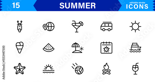 Summer Icon Set Featuring Beach, Sun, Vacation, Travel, and Fun Activities in a Fresh, Minimalist, and SEO-Friendly Vector Design