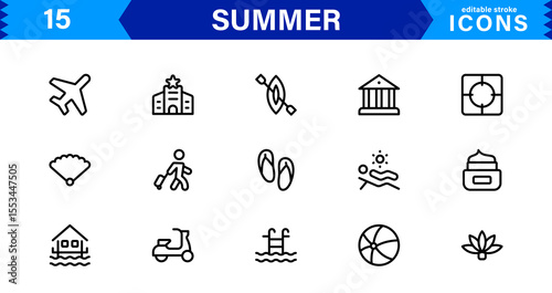 Summer Icon Set Featuring Beach, Sun, Vacation, Travel, and Fun Activities in a Fresh, Minimalist, and SEO-Friendly Vector Design