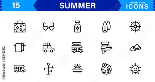Summer Icon Set Featuring Beach, Sun, Vacation, Travel, and Fun Activities in a Fresh, Minimalist, and SEO-Friendly Vector Design