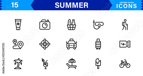 Summer Icon Set Featuring Beach, Sun, Vacation, Travel, and Fun Activities in a Fresh, Minimalist, and SEO-Friendly Vector Design