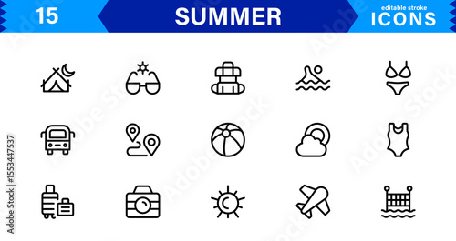 Summer Icon Set Featuring Beach, Sun, Vacation, Travel, and Fun Activities in a Fresh, Minimalist, and SEO-Friendly Vector Design