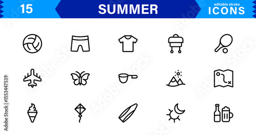 Summer Icon Set Featuring Beach, Sun, Vacation, Travel, and Fun Activities in a Fresh, Minimalist, and SEO-Friendly Vector Design