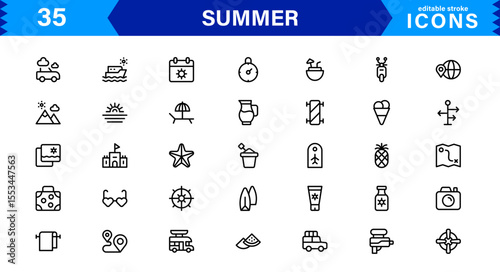 Summer Icon Set Featuring Beach, Sun, Vacation, Travel, and Fun Activities in a Fresh, Minimalist, and SEO-Friendly Vector Design