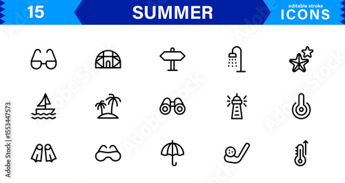 Summer Icon Set Featuring Beach, Sun, Vacation, Travel, and Fun Activities in a Fresh, Minimalist, and SEO-Friendly Vector Design